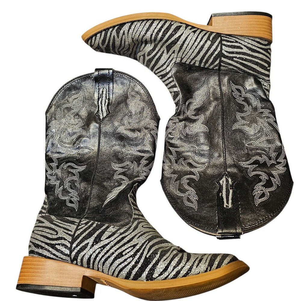 Roper Western Boots, Women's Size 7.5, Black & Silver Glitter Zebra